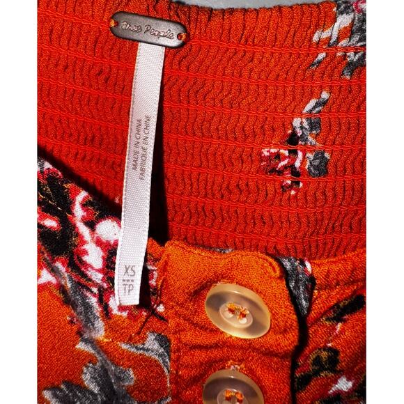 Free People Orange Floral Button Down Top XL Off Shoulder Smocked Back Boho - Picture 3 of 4